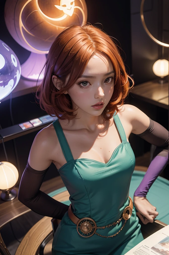 concept art, overhead angle of a Will-o'-the-wisp, wearing Funny Somali Emerald deep orange Pinafore, Caramel hair styled as Short hair, fluorescent purple Hair tie, equirectangular 360, Highres,  [(art by Willi Baumeister:1.1), (art by John T. Biggers:1.2)::17], official art, unity 8k wallpaper, ultra detailed, aesthetic, masterpiece, best quality, photorealistic