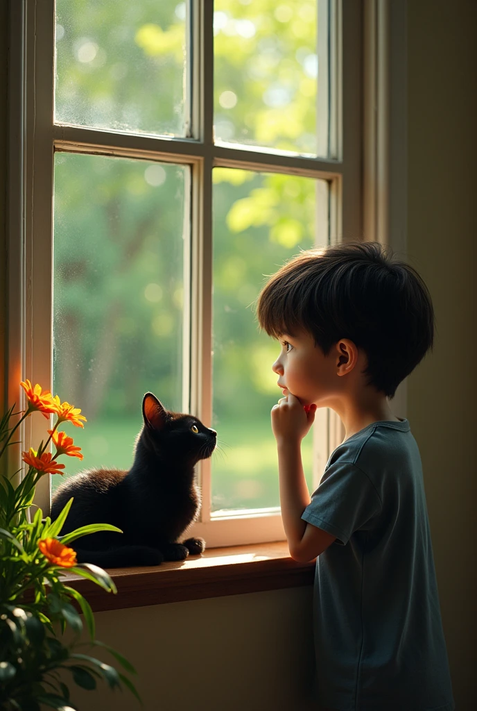 A boy and a black cat is looking at each other. The cat has lying down on a opened glass window. The boy is standing outside of the house and has kept his hand on the window(must) and his wrist under his muzzle. In the background there is nature. In the left side of the background there are flowers. The picture has been taken from the inside of the house.The boy turns inside the house but he is standing at the outside of the house . picture should not contain the lower part of the body of the boy. It has been covered by the wall below the window.