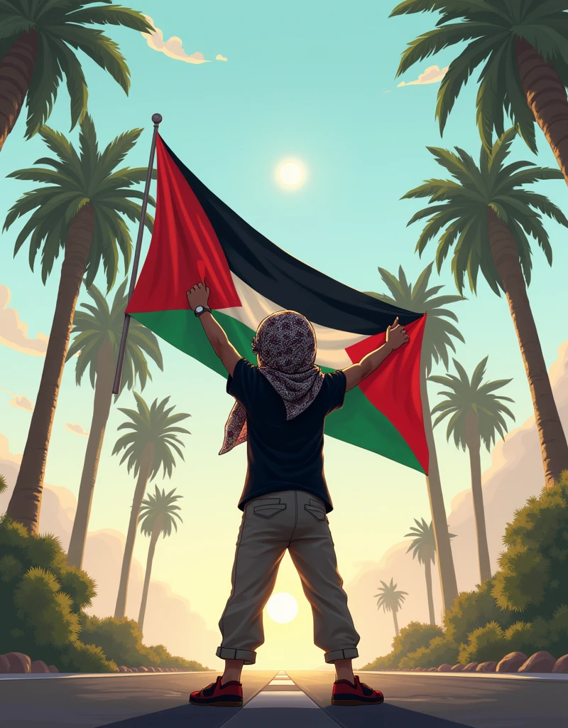 digital art of a young boy stands proudly and holding a large Palestine flag ,wears pants and black shirt , look at the sun at the end of the road, set against a backdrop of palm trees and a clear sky. the boy has Palestinian Chafee. back side view with wide angle .