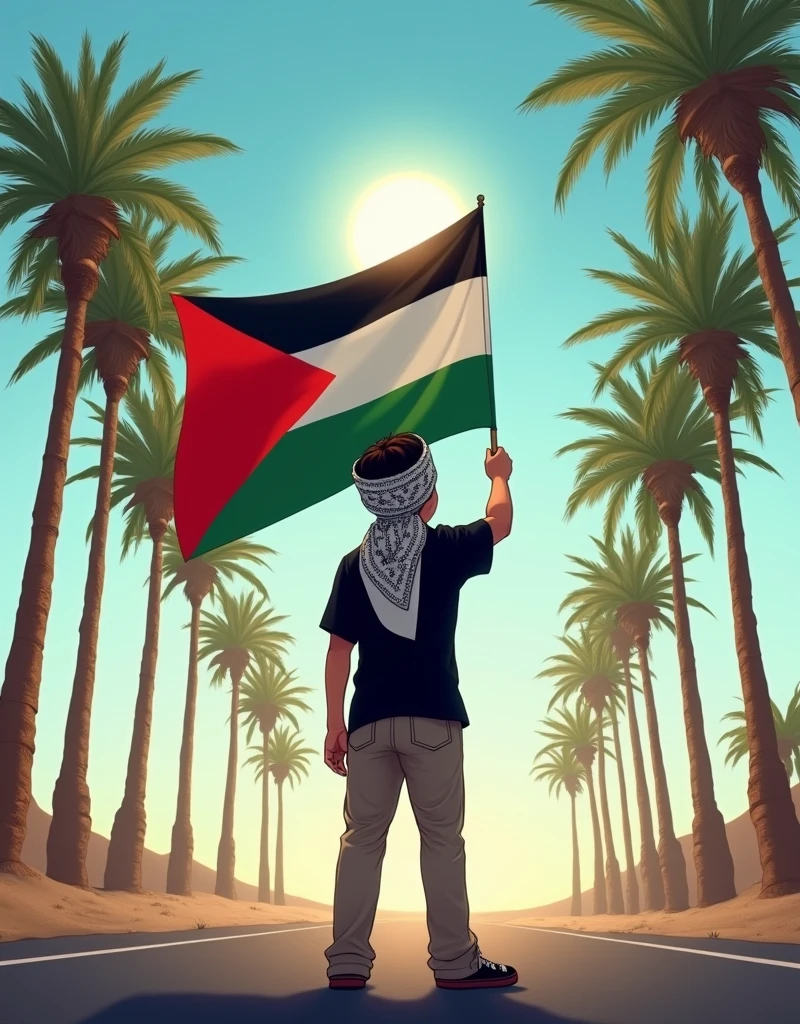 digital art of a young boy stands proudly and holding a large Palestine flag ,wears pants and black shirt , look at the sun at the end of the road, set against a backdrop of palm trees and a clear sky. the boy has Palestinian Chafee. back side view with wide angle .