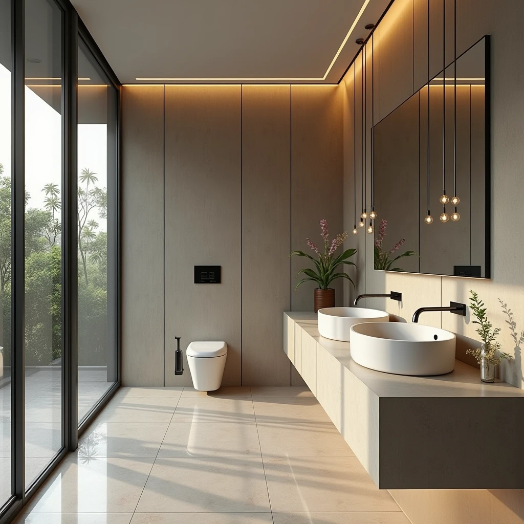 Interior design , couple's bathroom , high standard , suspended glass , stone countertop , and minimalist in northeastern Brazil , ultra realisitic , ultra-realistic render , 4 K ,