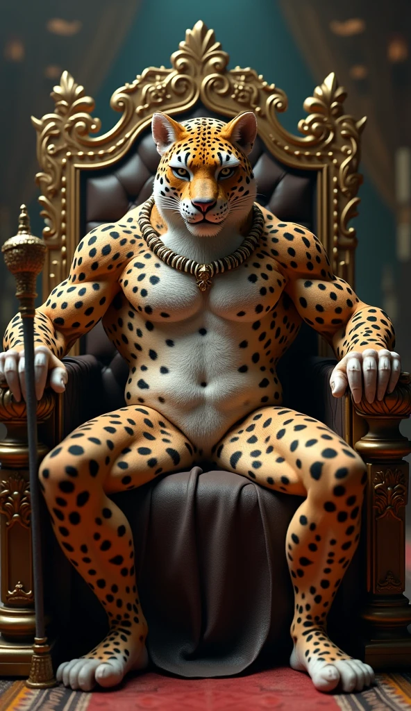 FURRY man sitting on a luxurious king throne, (wearing no shirt:1.6),(he has anthropomorphic leopard fur from his feet to his neck:1.5),(the fur on its chest and belly is lighter), he has brown hair, he wears a buzzcut style hairdo, HE HAS WIDE EYEBROWS, he is wearing a necklace of bone teeth, he has a frown, male face, square and intimidating face, cgs cinematic society, uhd, full body of the Cinematographic God, His legs are spread apart in an intimidating position., staring me. super strong LEOPARD humanoid, dramatic cinematic detailed skin, cgsociety inspirado, society cg 8k, cgsociety 8k, society cg 8k, Hyper-Realism. fantasy 4k, MASTERPIECE, EXTREMELY INTRICATE AND DETAILED ART, EVERY ASPECT OF YOUR BODY FASCINATES EVERYONE WHO SEES IT, his torso is super strong and he carries himself like a king, REALISTIC ART, He holds a staff, Her eyes are light brown, Their leopard fur is medium in size and very detailed.