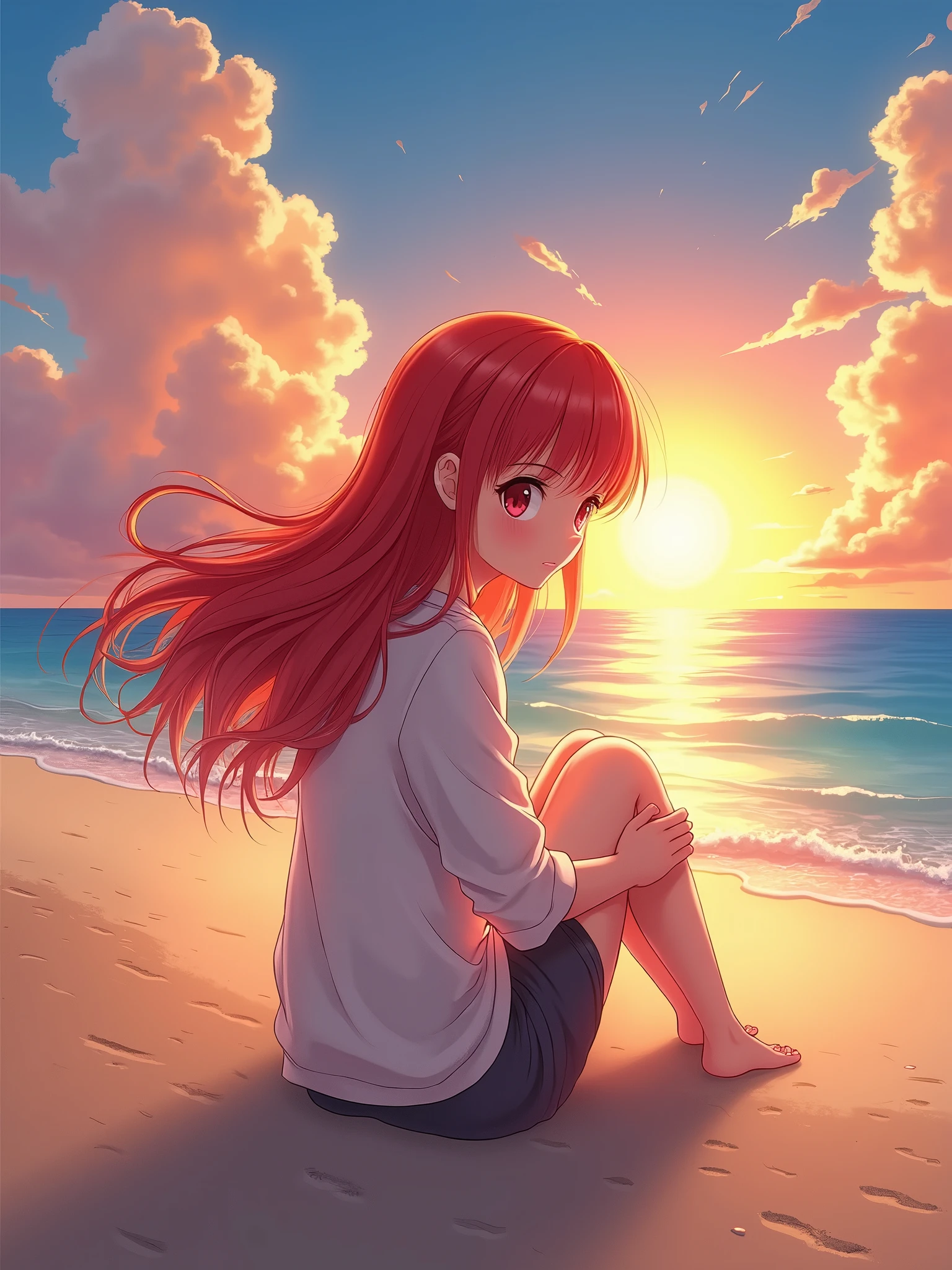redhead girl sitting on the beach at sunset, anime style
