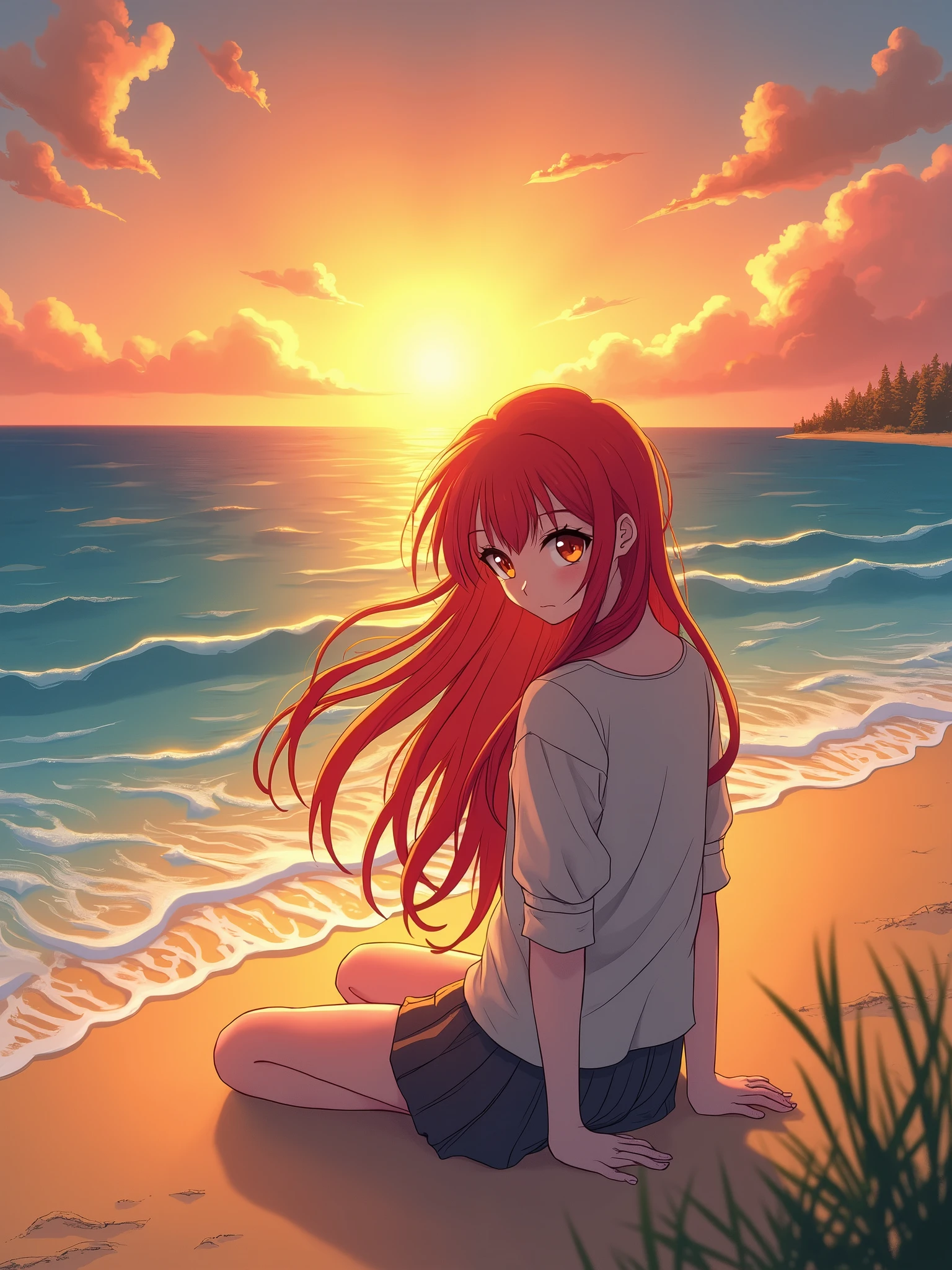 redhead girl sitting on the beach at sunset, anime style