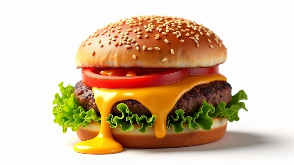 : A perfectly grilled cheeseburger with melted cheese oozing over the edges, placed on a sesame seed bun, with crisp lettuce and a slice of juicy tomato, all on a white background. 8k