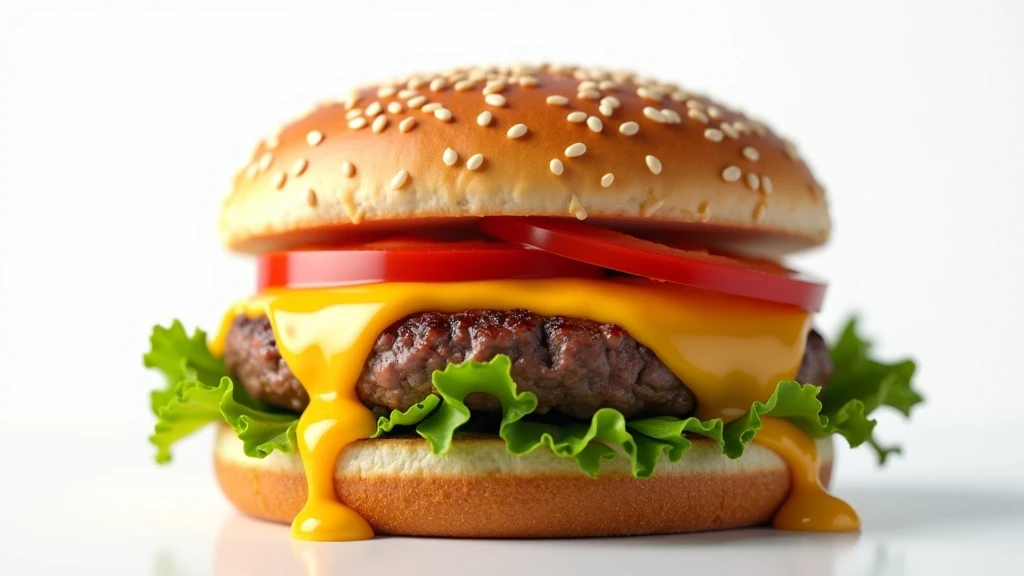 : A perfectly grilled cheeseburger with melted cheese oozing over the edges, placed on a sesame seed bun, with crisp lettuce and a slice of juicy tomato, all on a white background. 8k  