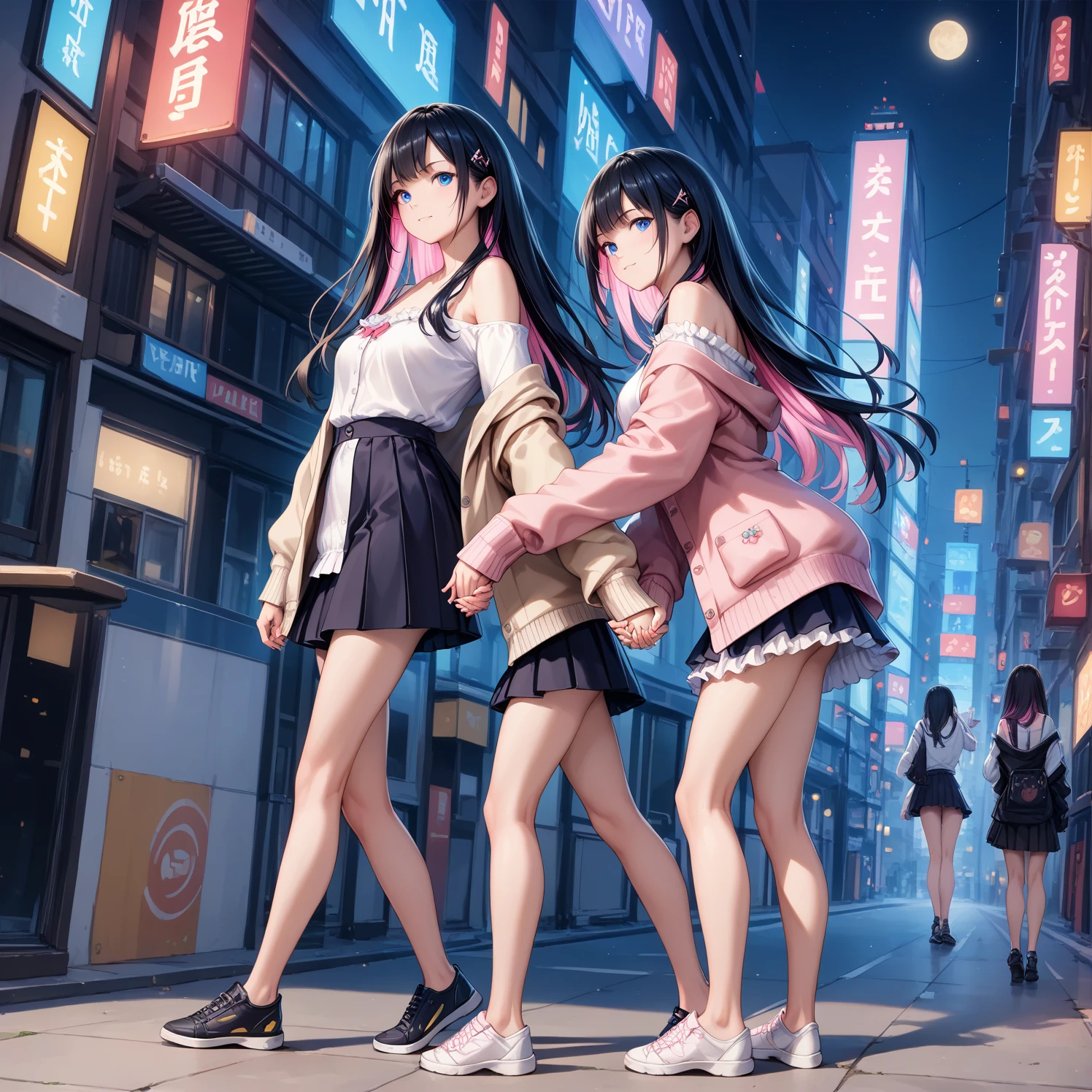 2 girls,((Highest quality)),(masterpiece),(Realistic Shadows),(１ beautiful girl),Long Hair,(colored inner hair　black hair + pink inner hair),Blue eyes,email,multicolored hair,off shoulder top, frilled clothing, cardigan, mini skirt」,BREAK　in the city, at night, best light, full body shot, from side, , skyscraper,holding hands