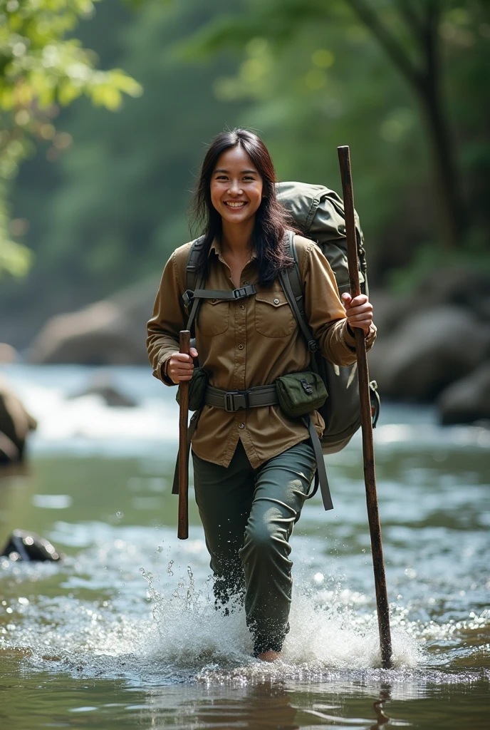 Photorealism 1.4 realistic realism high detailed definition Malay adult women crossing river river stream wearing adventure attirecamping backpack smile hold stick river stream water level at waist
