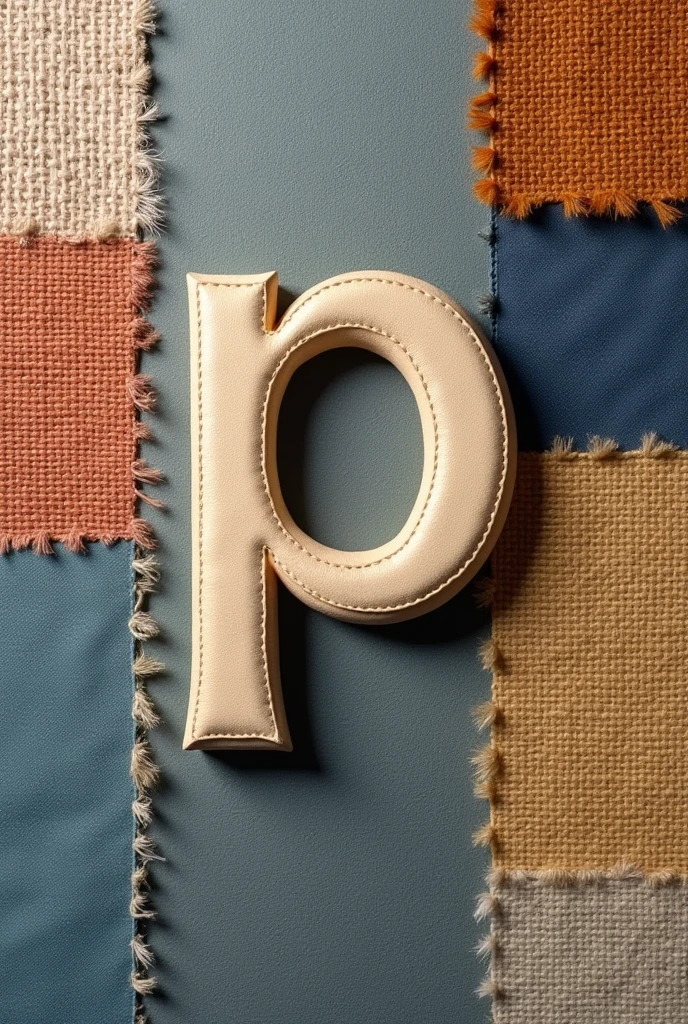 Minimalist letter PS in relief on a patchwork fabric background