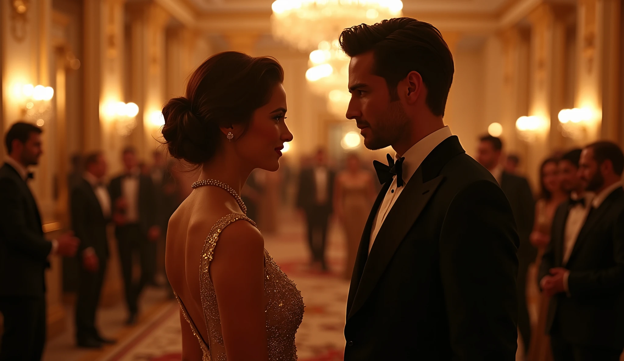 You are the heiress to one of New York's most powerful families. Tonight you're at the annual gala dinner at one of the city's most luxurious hotels. Among the guests is Leo Grayson, a young billionaire who has recently become a topic of discussion in high society. His appearance always arouses interest and intrigue. You exchange glances and he approaches you, smiling demurely, but you can see more than just friendliness in his eyes. masterpiece, uhd, realistic, cinematic, luxury. Romantic light, dramatic light, brightly lit room