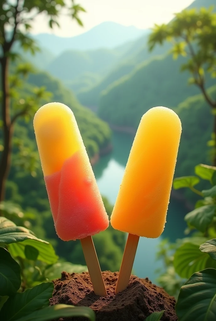 Taperebá and soursop flavored ice cream sticks , in the background the Amazon landscape 