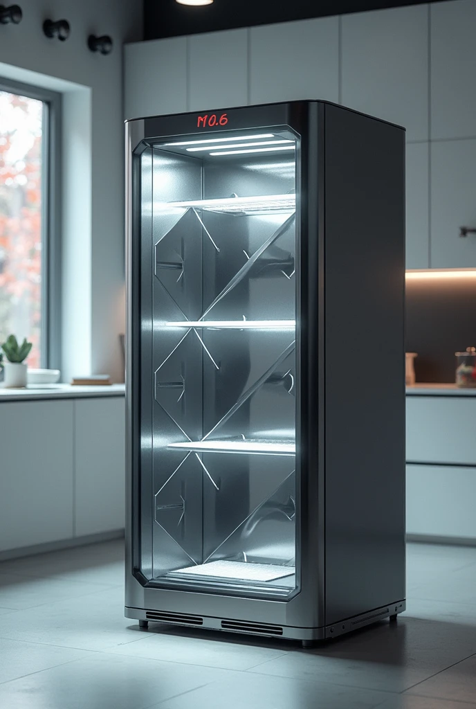 Make me a refrigerator with large metal cubes inside