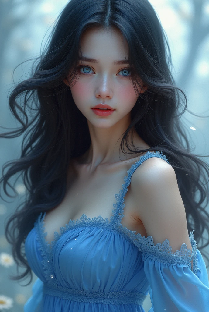 Beautiful blue eyes of a girl with long hair With a beautiful fiture With beautiful long blue dress