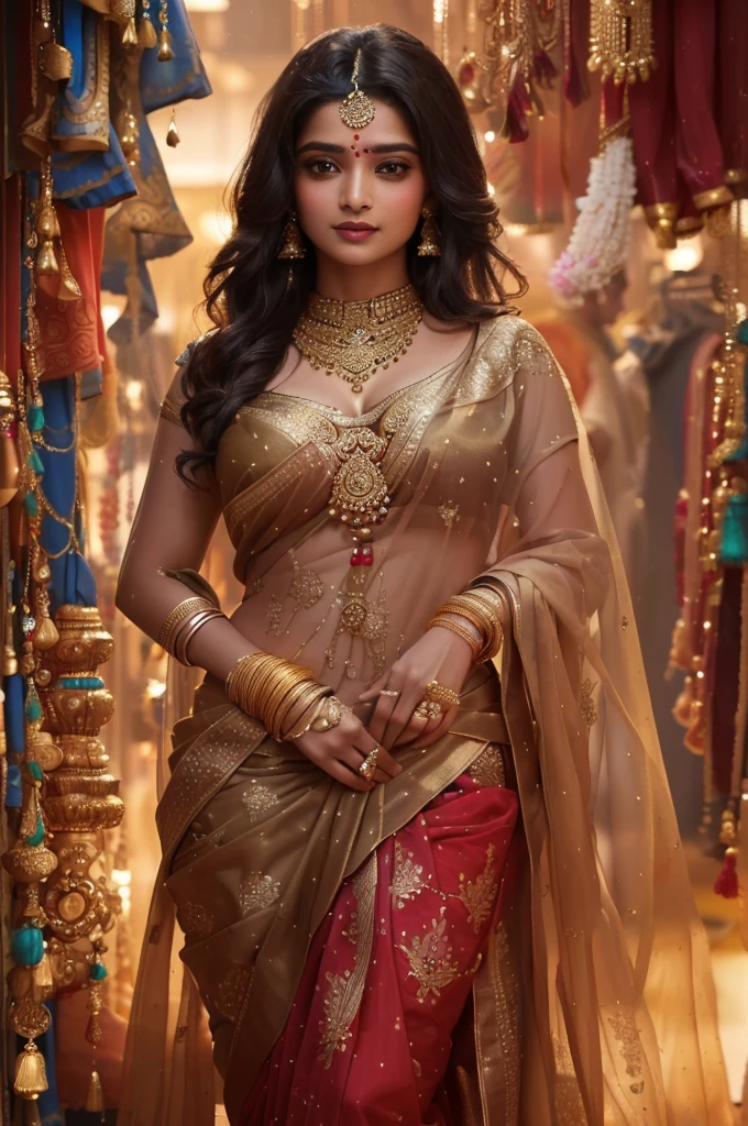 a woman in a sari and jewellery stands in a shop, cinematic goddess shot, traditional beauty, indian style, wearing an ornate outfit, intricate outfit, indian goddess, wearing gorgeous clothing, cinematic goddess close shot, dressed in a sari, gorgeous woman, indian, intricate thin details in gold, very beautiful enga style, golden intricate details, wearing beautiful clothes
