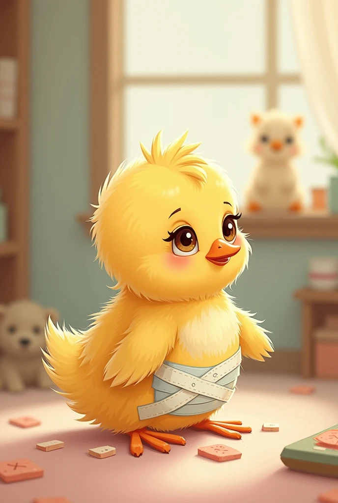 Dessin histoire pour enfant, dessin mignon, poussin blessé avec des bandages médical sur le corps
