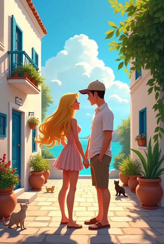 A blonde 2 woman with long hair and a 2 man with a béisbol hat and super short hair on a romantic getaway in the streets of Greece, Disney style