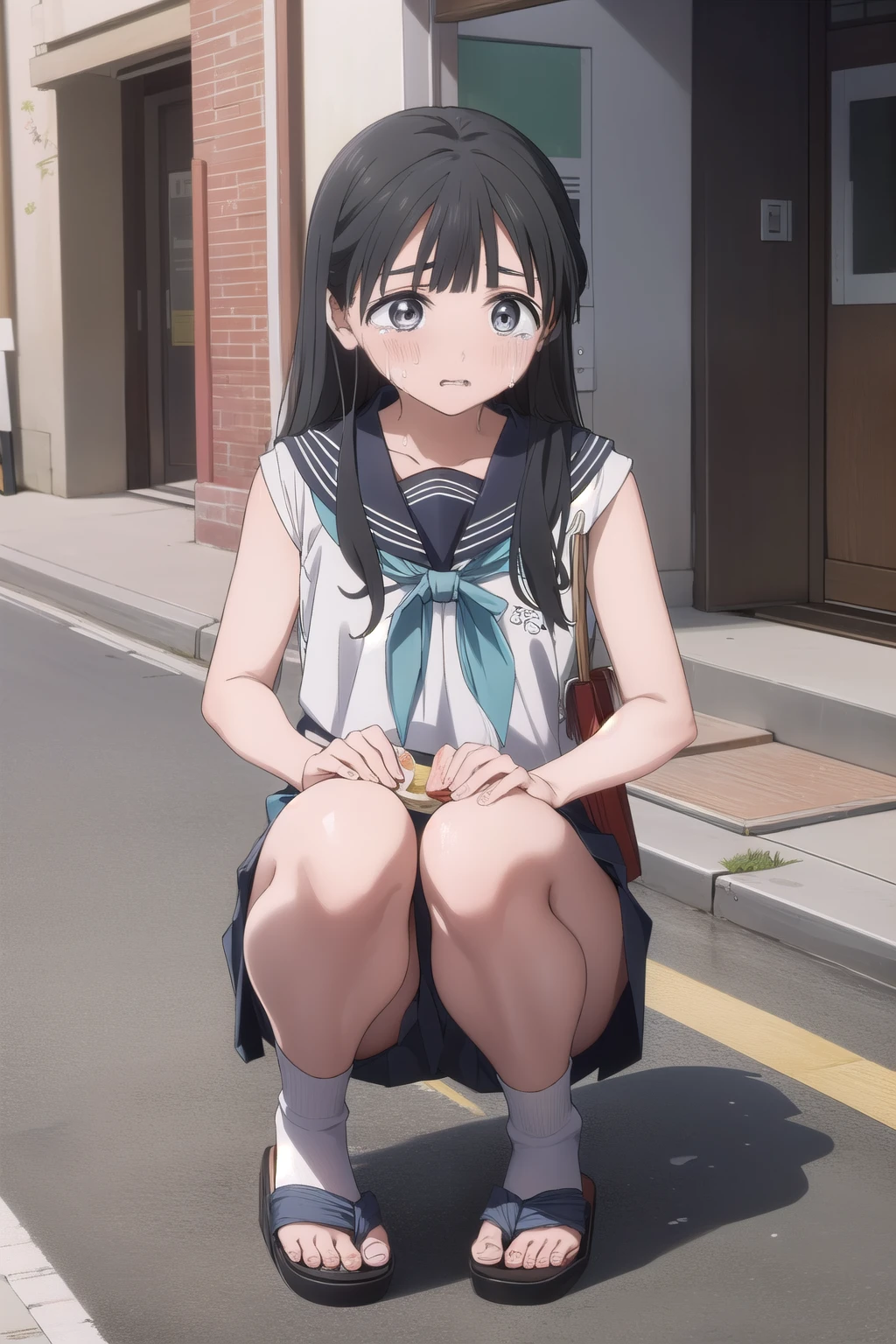 Akebi chan no sailor fuku, Akebi chan, Akebi chan crying, Akebi beggar, Akebi begs, sad face, Akebi chan on her knees in the street, Akebi eats a triangle sandwich