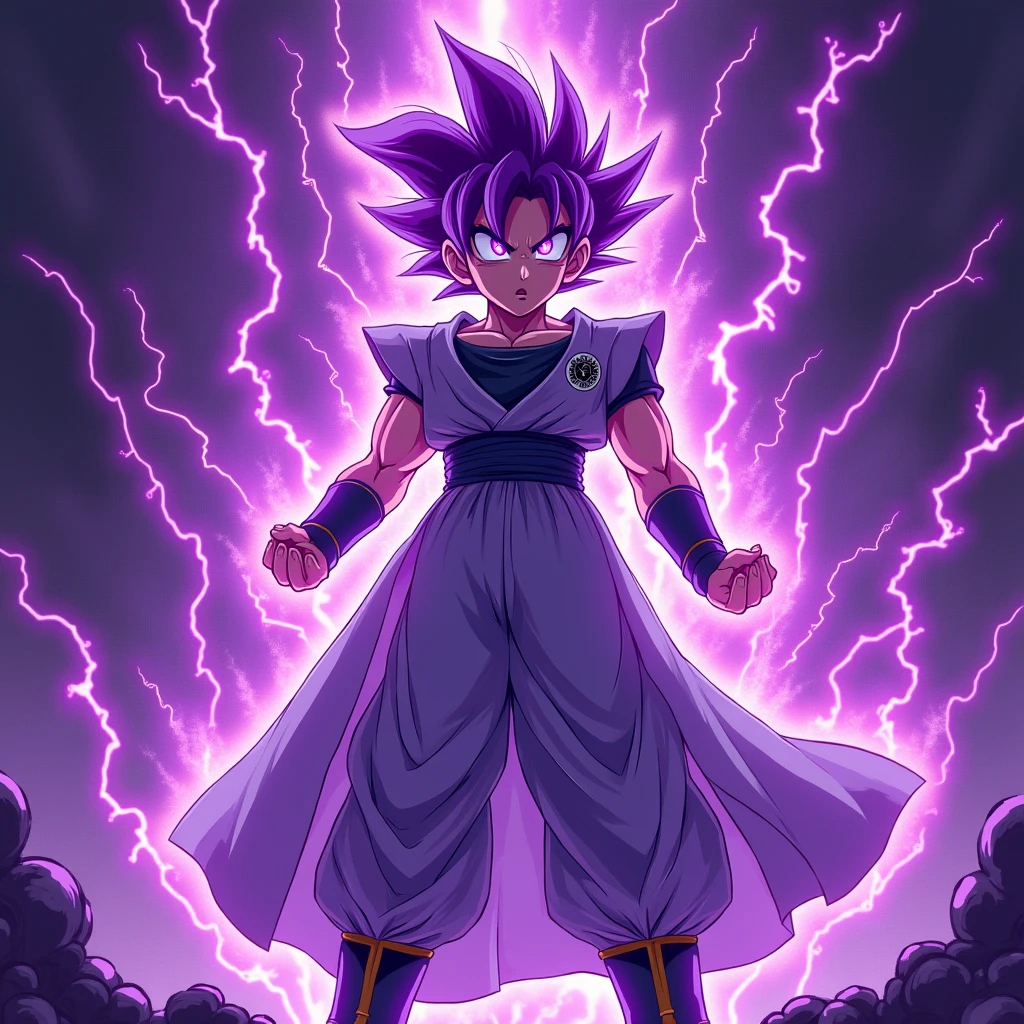 The image shows an anime-style character with bright purple glowing eyes and hair, standing in a dynamic pose. Purple electrical discharges are visible around him., creating the effect of energy or force. The background is also painted in purple tones., which emphasizes the atmosphere of power and tension. The character looks determined and focused. There&#39;s a disco around 