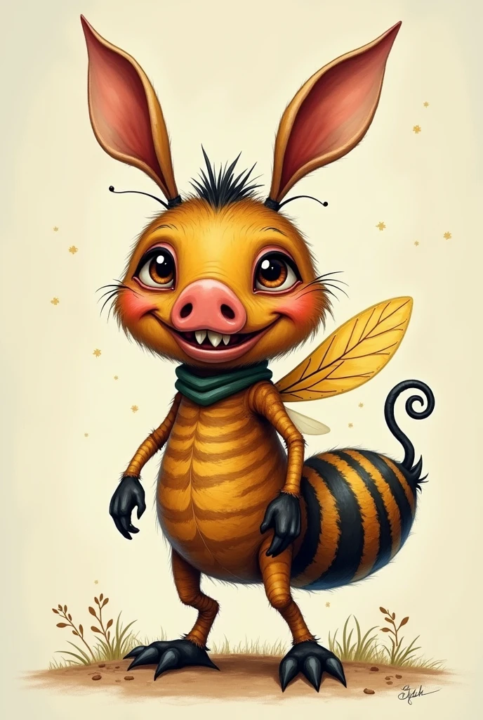 Generate an imaginary friend with the following characteristics:
Ant body Pig nose Rabbit teeth Chicken feet Bee wings Pig tail