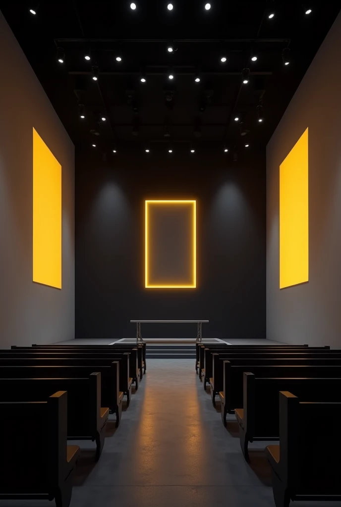 Interior of a minimalist evangelical church in a rectangular shape, black background wall with led panel in the center, black upper ceiling with several yellowish light points, party lights pointing at stage and illuminating,  white side walls, lights coming out of the stage