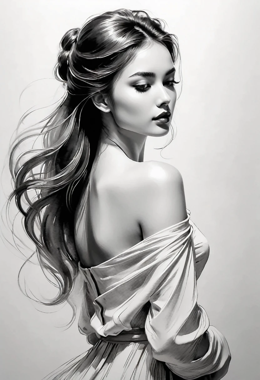 Elegant beautiful girl, black and white hand-painted, pen drawing, loose brush, full-length, pen draws fine lines, fluid action, subtle shades of paint, elegant posture, peaceful expression, delicate facial features, black and white, clear, little red.