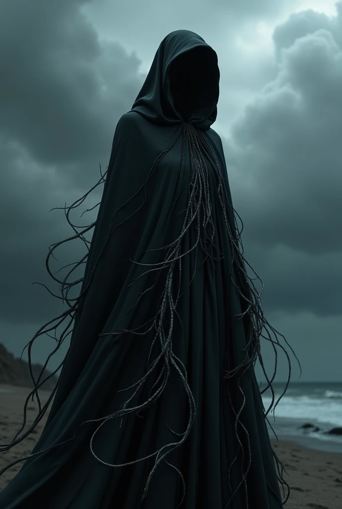 A dark outfit with subtle swirls of metallic or iridescent fabric to mimic the swirling storm clouds.
