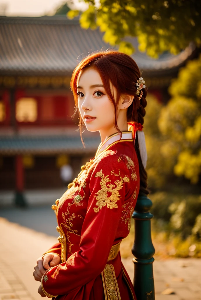 A beautiful red head European girl with traditional Chinese dress in china , cinematic,  golden hour, a little bit blurry for the background,  standing , 4k 