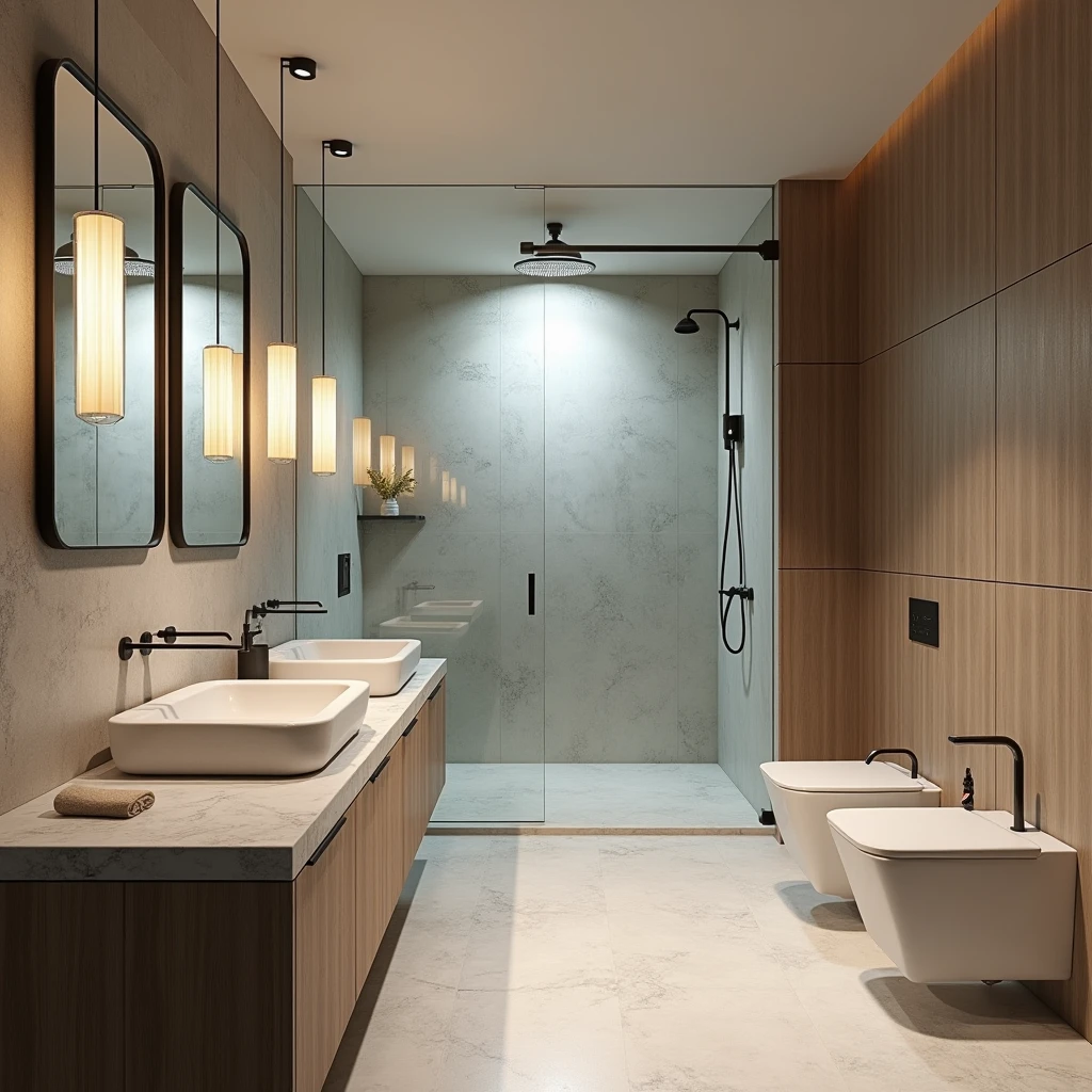 Interior design , couple's bathroom , high standard , suspended glass , stone countertop , and minimalist in northeastern Brazil , ultra realisitic , ultra-realistic render , 4 K ,