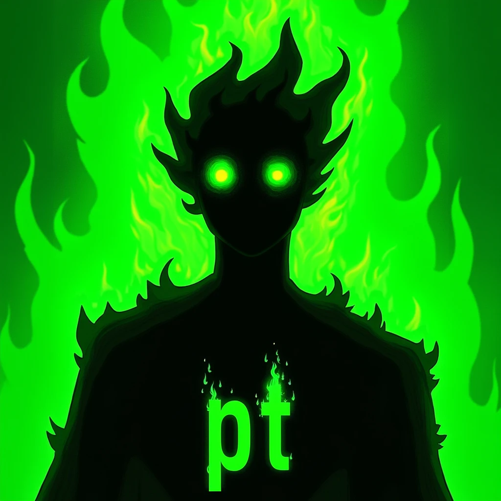 An abstract illustration of a character with a black, featureless silhouette and two glowing green eyes. The character has an aura of neon green flames or energy that surrounds its body, making it look intense and powerful. The hair or head appears spiky, almost like it's made of green fire, adding to the dynamic and energetic feel. The background is a bright neon green, enhancing the glowing effect around the character. The letters 'PT' are placed at the bottom in a bold, stylized font. The overall look is dark, mysterious, and supernatural, with a strong emphasis on the neon green glow and the simplicity of the silhouette.