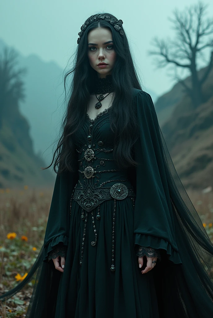 (best qualityer,32 mil,High definition,4x ,ultra sharp, high resolution, proffesional) ,cinematographic, horor, Fisheye photography:1.6,1 beautiful gothic girl, witch, demonic, medieval clothes, black, circles, fractals,(black outline art), colors, land, Cyan, yellow, Unripe. magenta, violet, Cyan, High definition