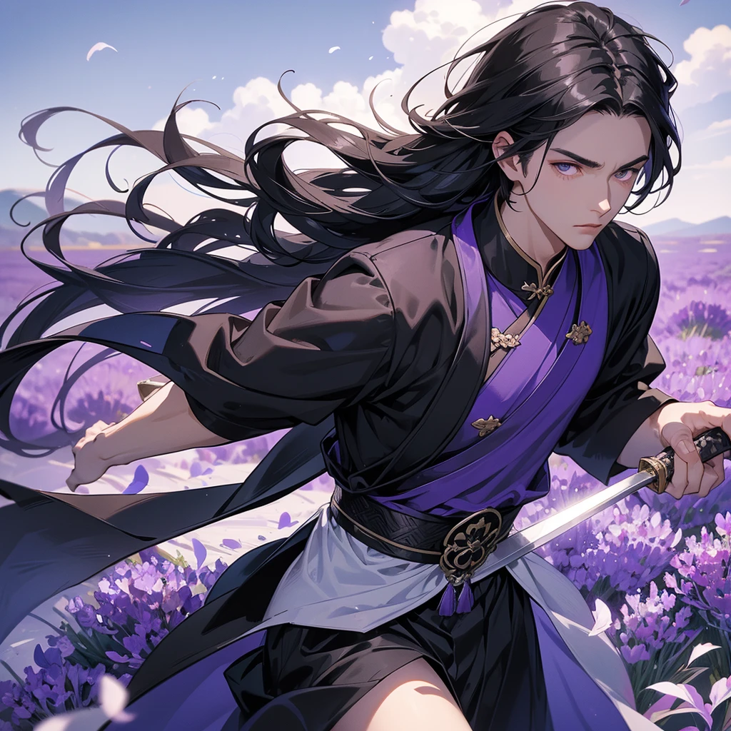 A Handsome black-hair male holding a large sword in black-white ancient general chinese, close up.

Stroll among the purple lavender fields , There are some floating clouds,

 
