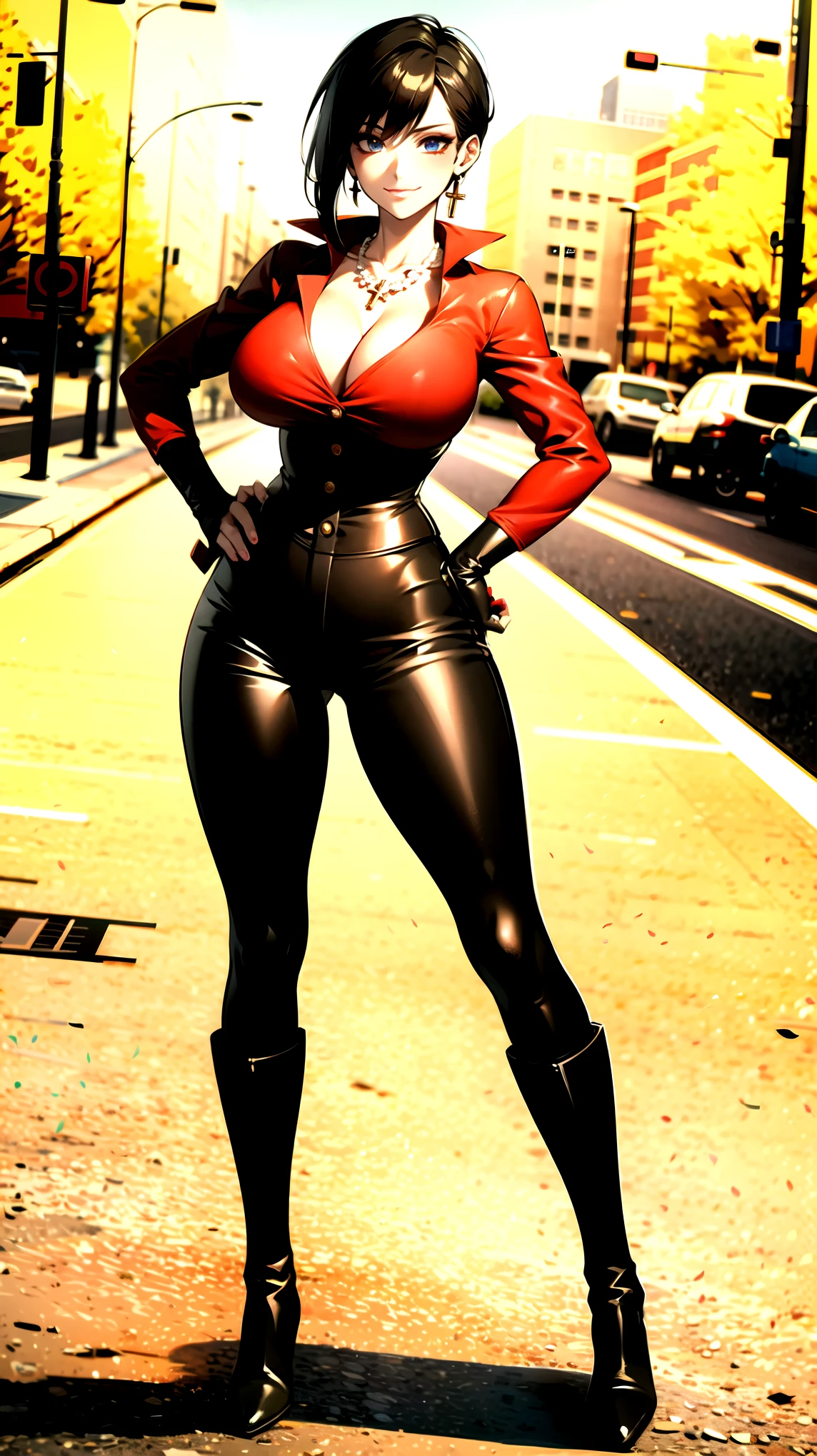 （（super high quality,））（（Ultra-high resolution,））（16K,）（super masterpiece,）（（Ultra HD ,））（Detailed shading,）Full body photo,A sexy mature woman,（（popped Tight collar Red shirts,））Folded sleeves,Black long gloves,（（Glossy black pants, ））Black long boots,Black hair straight short,Sharp Eyes,Cleavage,Place one hand on hip,slouch,Provocative smile,necklace with cross,Night street,