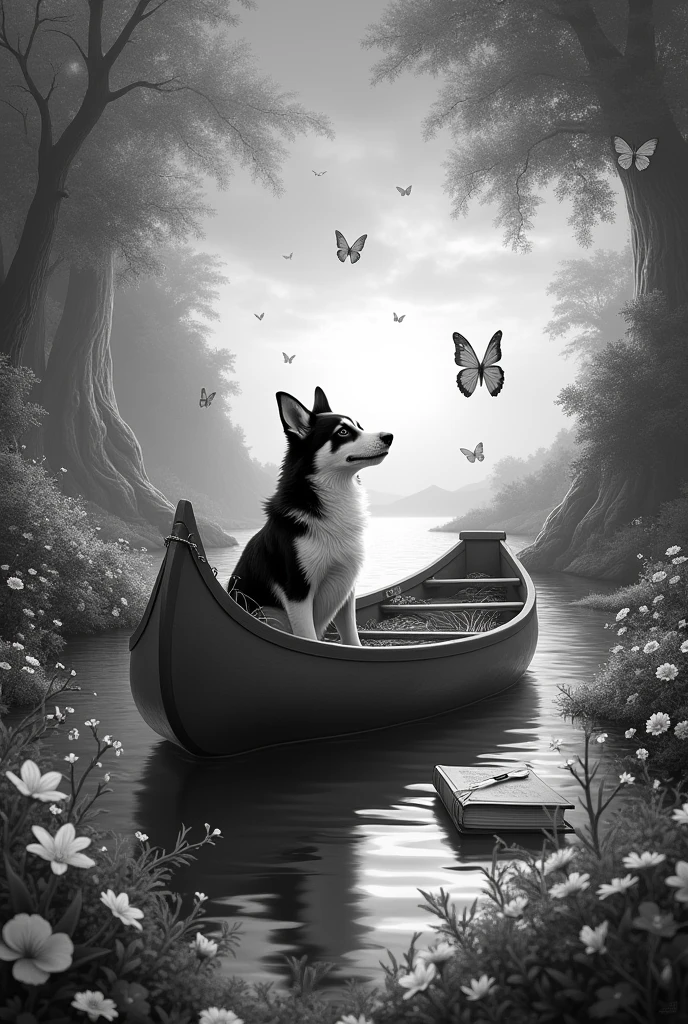 canoe in the middle of the ocean, flowerstas densas, benches to sit on, textbooks, butterflys, porpurina, plenty of shine, dreamlike, beautiful sky, Peace, hidden corners, flowers, magic and short black and white dog, wolf face, missing a branch in the head, white chest, white tail point, similar to the border colli breed