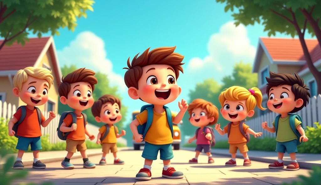 Generate a joyful animated cartoon image of 4  who is going school for the first time and waiting for his bus with his friends 