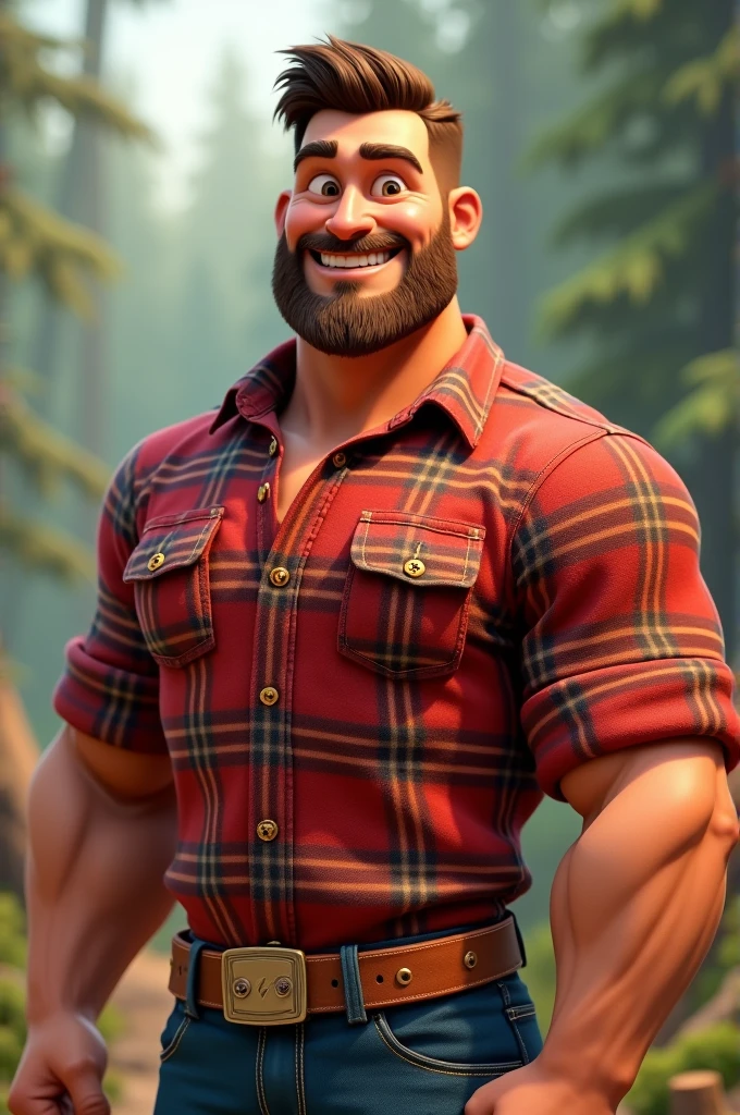 Lumberjack man in a plaid shirt, beautiful on the chest short beard and very short hair animated