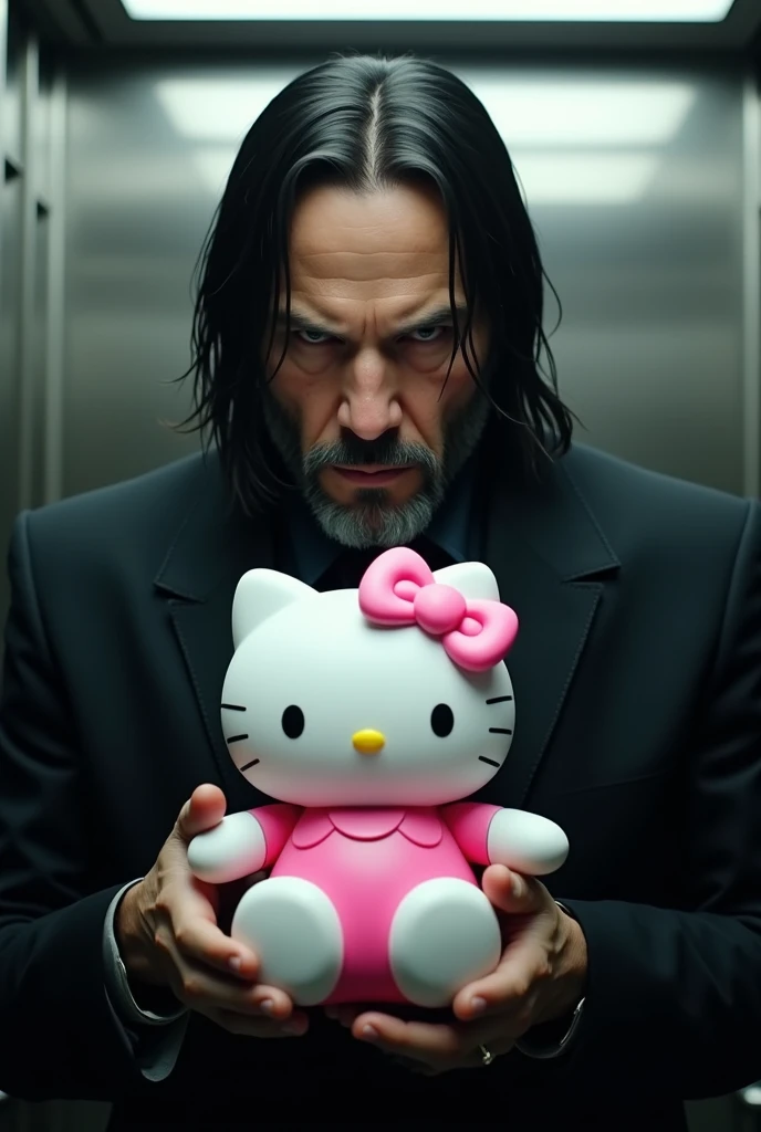 John wick with hello kitty (pink and white) on elevator john wick holding kitty and serious mode on the camera , john wearing full black coat , john wick face more clear little aged a little more beard and little bright background 