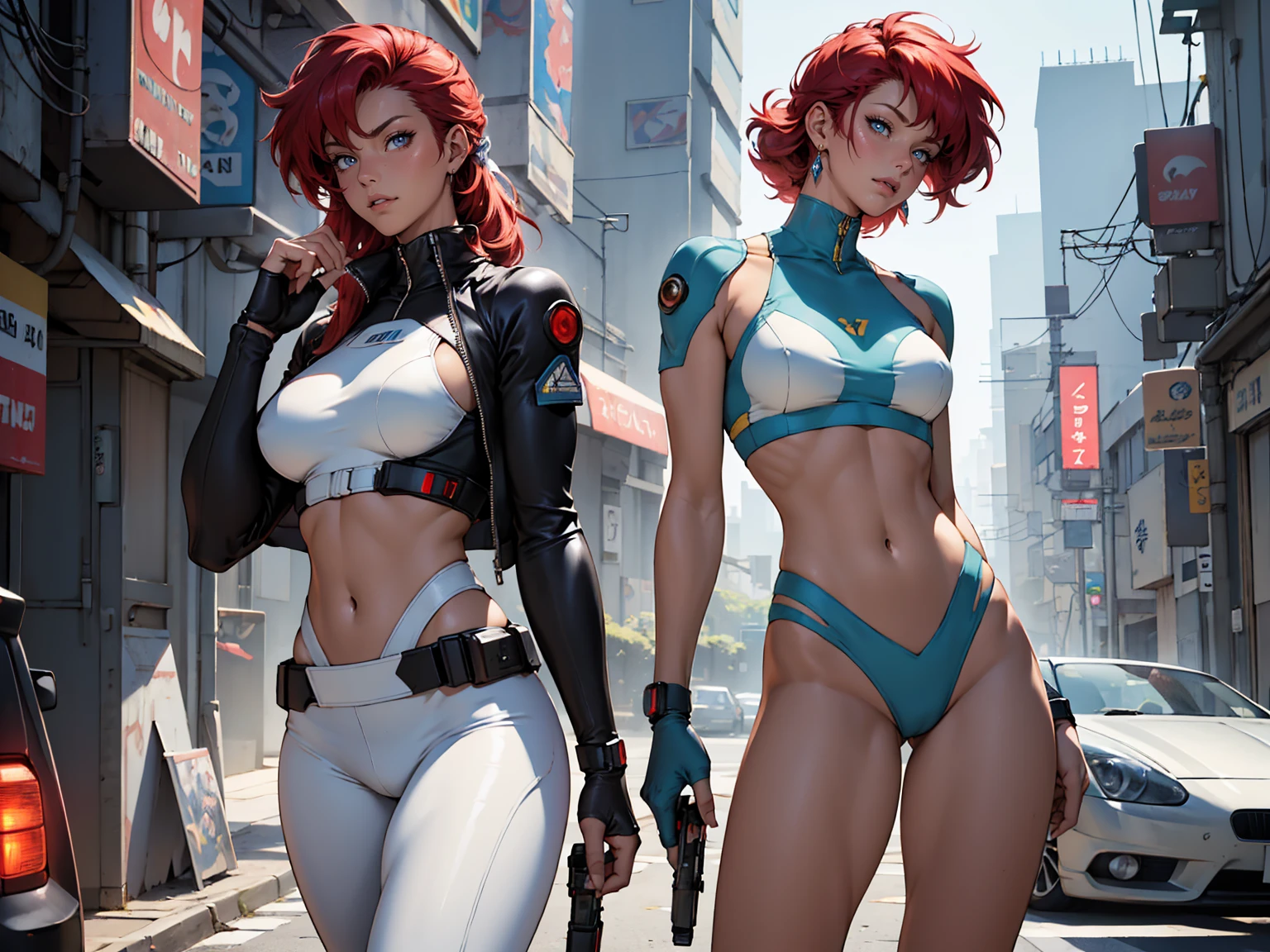 ((masterpiece, of the highest quality; 1.3)), Super quality, beautiful detail, Super detailed, extra fine, 16k, exquisite, absurd, High resolution, beautiful background, detailed background, pretty eyes, beautiful skin, animated style, Kay from Dirty Pair in a white outfit, tight suit, neckline, bushy redhead beauty, very light blue uniform, wearing tight clothing, scarce, (half breast: 1.2), neckline, neckline, Thin waist , Thin waist, thin thighs, thin legs, thin legs. thigh gap, showing the stomach, skinny, thin hips, cyberpunk city background, holding a retro space gun , sale, 