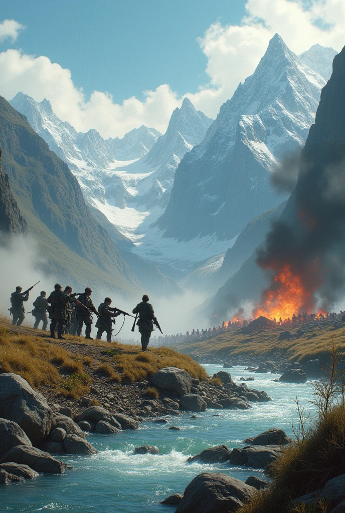 Create an image where a group of armed men are destroying a plot of land surrounded by mountains and rivers.