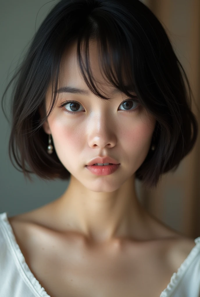 Japanese woman, 4, cum on face, facing camera, long nose, long face, athletic build, blowjob, bob cut