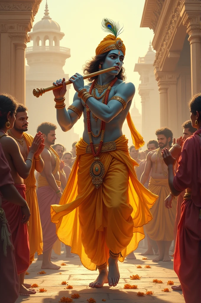 A divine scene of Lord Krishna entering the ancient city of Mathura. Picture the bustling streets of Mathura, filled with devotees eagerly awaiting his arrival. Krishna, adorned in vibrant yellow garments, with a peacock feather in his crown, plays the flute with a serene expression. The city’s architecture reflects an ancient Indian style, with grand temples and decorated arches. The people of Mathura, dressed in traditional attire, offer flowers and prayers as they rejoice in his presence. The atmosphere is filled with spiritual energy, with a golden aura surrounding Krishna, signifying his divine nature.