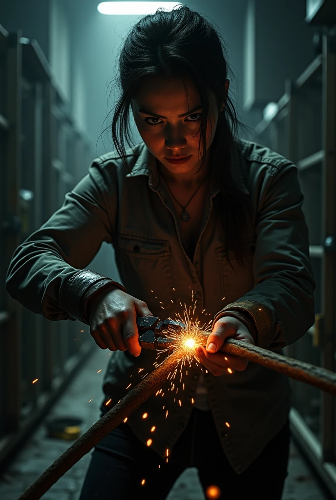 Woman with pliers in her hand cutting an electric cable