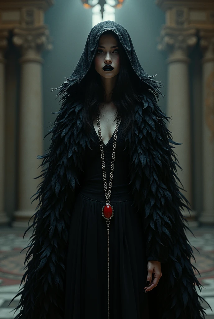 Blacl feathered cloaked Female vampire, short, Pale skin, Black lipstick, partially visible Facial Features, Inside a gothic Palace, Thick Silver chain around neck, Fist Sized red Pendant.
