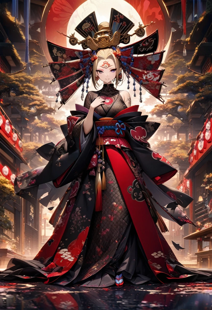 Ink painting, (((1 girl))), (((Tattoo in the middle of the forehead))),(((In the background is the Akatsuki moon))), (((Oiran))), (((Japanese Hanafuda Card Earrings))), (((Great hair accessories))), Demon possession, ((Masterpiece:1.2)), ((Highest quality)), (((The whole body is covered with jewelry and veiled))), (Masterpiece, Top quality, Best quality, Official art, Beautiful and aesthetic:1.2), (1girl), Very detailed,(Fractal art:1.3),Colorful,Top detailed