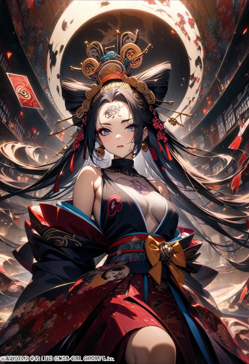 Ink painting, (((1 girl))), (((Tattoo in the middle of the forehead))),(((In the background is the Akatsuki moon))), (((Oiran))), (((Japanese Hanafuda Card Earrings))), (((Great hair accessories))), Demon possession, ((Masterpiece:1.2)), ((Highest quality)), (((The whole body is covered with jewelry and veiled))), (Masterpiece, Top quality, Best quality, Official art, Beautiful and aesthetic:1.2), (1girl), Very detailed,(Fractal art:1.3),Colorful,Top detailed