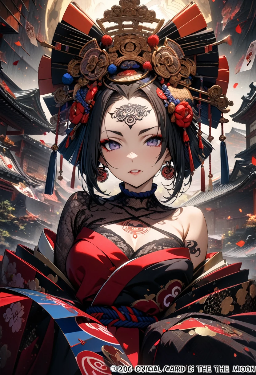 Ink painting, (((1 girl))), (((Tattoo in the middle of the forehead))),(((In the background is the Akatsuki moon))), (((Oiran))), (((Japanese Hanafuda Card Earrings))), (((Great hair accessories))), Demon possession, ((Masterpiece:1.2)), ((Highest quality)), (((The whole body is covered with jewelry and veiled))), (Masterpiece, Top quality, Best quality, Official art, Beautiful and aesthetic:1.2), (1girl), Very detailed,(Fractal art:1.3),Colorful,Top detailed