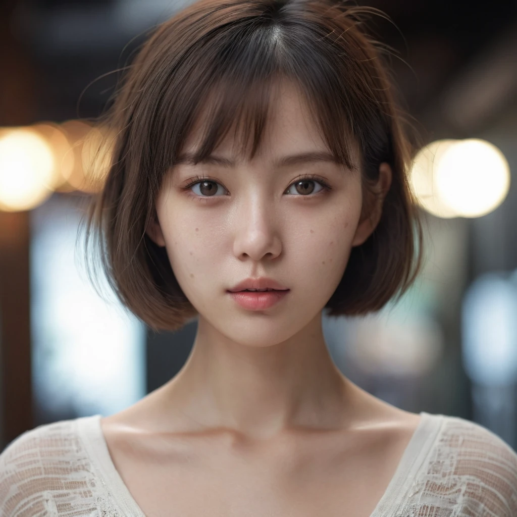 Ultra-realistic capture,Very delicate、Close-up of 16K human skin on public display,The texture of the skin is natural、Skin should look healthy with even tones.,mesa, raw photo, Best Quality, photorealistic, Depth of fields, cinematic light, Lens flare, ray tracing, (extremely beautiful face, Beautiful lips, pretty eyes), perfect white skin , ((ultra detailed skin)) 1 girl en, In the dark, deep shadow, cute asian girl, 1 girl, , ((looking at the viewer)), (blurred background), fashion street),(there are no people in the background:1.3), light eyes, (Pale skin), (shiny skin),(large eyes), look forward, ((upper body shot)),black dress,Knitted dresses,(brown hairs), (see through), (looking at the viewer:1.3)very thin, ((see through)), Very detailed, A hyperrealist,Realistic model, a white blouse ,short hair with bangs ,light eyes,High resolution, medium breasts, whole body.