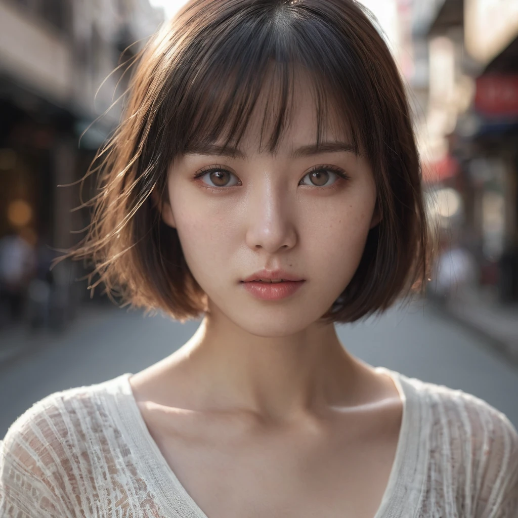 Ultra-realistic capture,Very delicate、Close-up of 16K human skin on public display,The texture of the skin is natural、Skin should look healthy with even tones.,mesa, raw photo, Best Quality, photorealistic, Depth of fields, cinematic light, Lens flare, ray tracing, (extremely beautiful face, Beautiful lips, pretty eyes), perfect white skin , ((ultra detailed skin)) 1 girl en, In the dark, deep shadow, cute asian girl, 1 girl, , ((looking at the viewer)), (blurred background), fashion street),(there are no people in the background:1.3), light eyes, (Pale skin), (shiny skin),(large eyes), look forward, ((upper body shot)),black dress,Knitted dresses,(brown hairs), (see through), (looking at the viewer:1.3)very thin, ((see through)), Very detailed, A hyperrealist,Realistic model, a white blouse ,short hair with bangs ,light eyes,High resolution, medium breasts, whole body. 