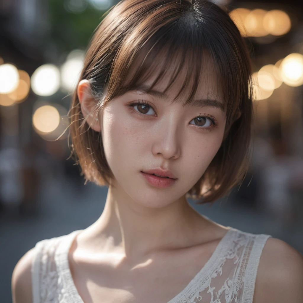 Ultra-realistic capture,Very delicate、Close-up of 16K human skin on public display,The texture of the skin is natural、Skin should look healthy with even tones.,mesa, raw photo, Best Quality, photorealistic, Depth of fields, cinematic light, Lens flare, ray tracing, (extremely beautiful face, Beautiful lips, pretty eyes), perfect white skin , ((ultra detailed skin)) 1 girl en, In the dark, deep shadow, cute asian girl, 1 girl, , ((looking at the viewer)), (blurred background), fashion street),(there are no people in the background:1.3), light eyes, (Pale skin), (shiny skin),(large eyes), look forward, ((upper body shot)),black dress,Knitted dresses,(brown hairs), (see through), (looking at the viewer:1.3)very thin, ((see through)), Very detailed, A hyperrealist,Realistic model, a white blouse ,short hair with bangs ,light eyes,High resolution, medium breasts, whole body.