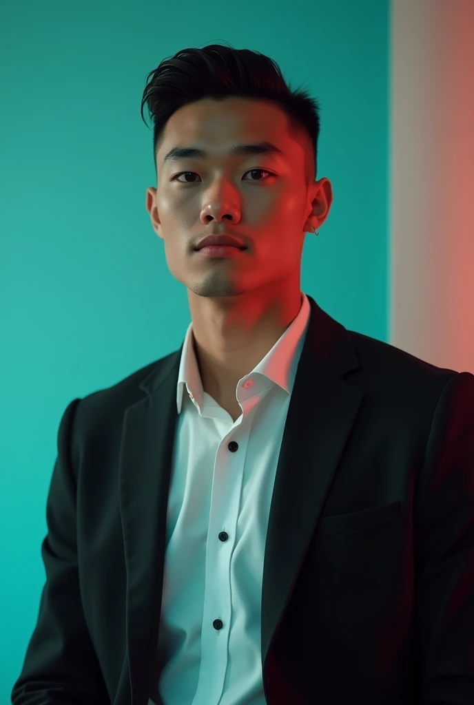 A young man with dark army cut hair and a Diamond face. He is dressed in a black blazer over a white shirt. The man is positioned against aqus colour backdrop with a subtle red lighting on the left side and he posing for Linkedin profile