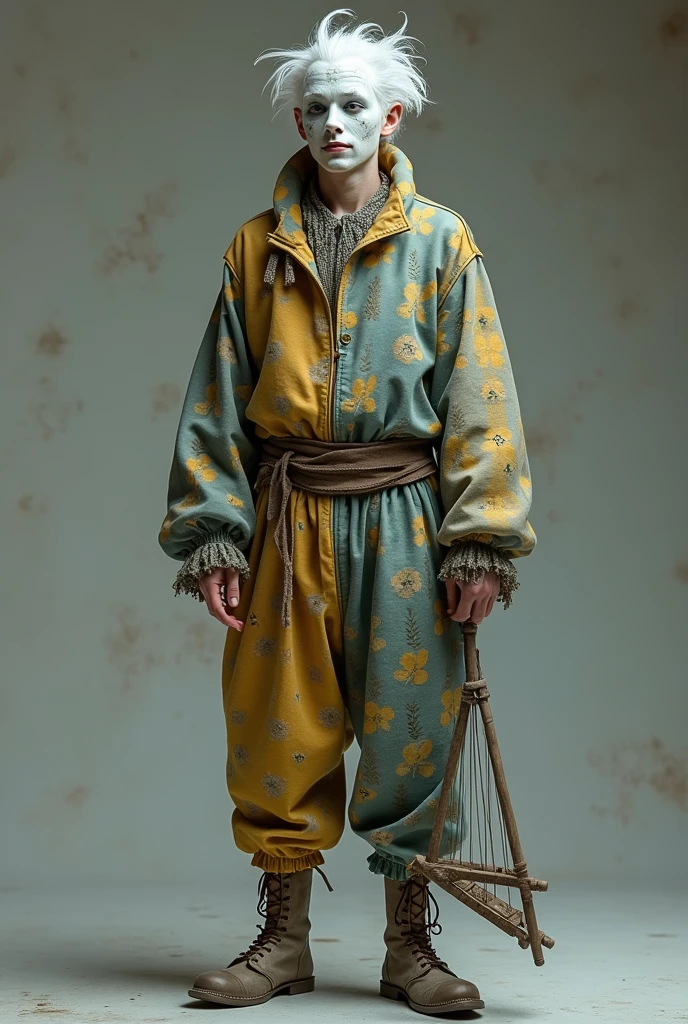 Man wearing loose harlequin clothing, He has white hair and light gray irises, He has a young, white-skinned face and wears a musical triangle and a porcelain mask. 